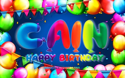 Buon compleanno Caino, 4k, palloncino colorato cornice, nome Caino, sfondo blu, buon compleanno Caino, compleanno Caino, nomi maschili americani popolari, concetto di compleanno, Caino