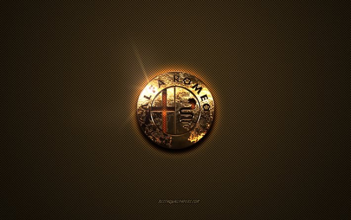 alfa romeo goldenes logo, kunstwerk, brauner metallhintergrund, alfa romeo emblem, kreativ, alfa romeo logo, marken, alfa romeo
