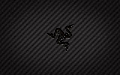 Razer logo in carbonio, 4k, grunge, arte, sfondo in carbonio, creativo, logo nero Razer, marchi, logo Razer, Razer