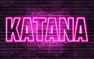 alles gute zum geburtstag katana, 4k, rosa neonlichter, katana-name, kreativ, katana alles gute zum geburtstag, katana-geburtstag, beliebte japanische weibliche namen, bild mit katana-namen, katana