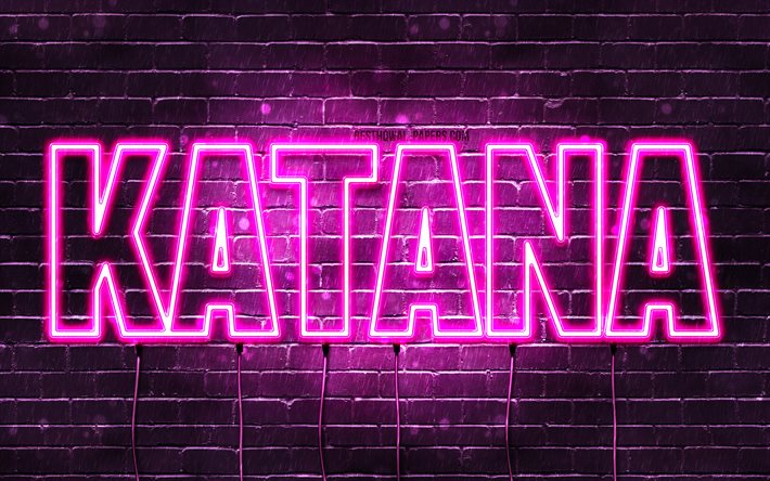 Grattis p&#229; f&#246;delsedagen Katana, 4k, rosa neonljus, Katana namn, kreativ, Katana Grattis p&#229; f&#246;delsedagen, Katana Birthday, popul&#228;ra japanska kvinnonamn, bild med Katana namn, Katana