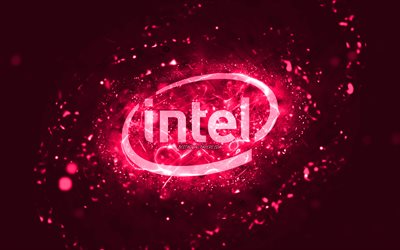 Intel pink logo, 4k, pink neon lights, creative, pink abstract background, Intel logo, brands, Intel