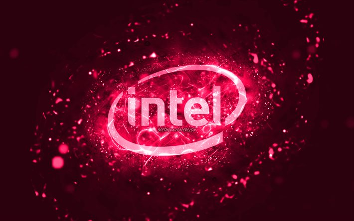Intel pink logo, 4k, pink neon lights, creative, pink abstract background, Intel logo, brands, Intel