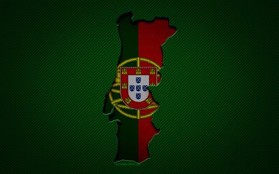 Portugal map, 4k, European countries, Portuguese flag, green carbon background, Portugal map silhouette, Portugal flag, Europe, Portuguese map, Portugal, flag of Portugal