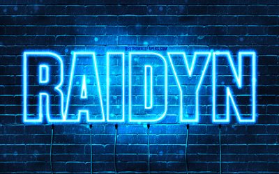 Joyeux anniversaire Raidyn, 4k, n&#233;ons bleus, nom Raidyn, cr&#233;atif, joyeux anniversaire Raidyn, anniversaire Raidyn, noms masculins japonais populaires, photo avec nom Raidyn, Raidyn