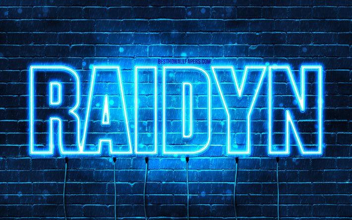 Feliz cumplea&#241;os Raidyn, 4k, luces de ne&#243;n azules, nombre de Raidyn, creativo, feliz cumplea&#241;os de Raidyn, cumplea&#241;os de Raidyn, nombres masculinos japoneses populares, imagen con el nombre de Raidyn, Raidyn