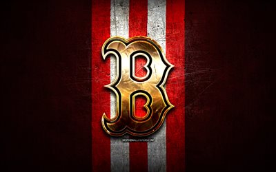 Boston Red Sox emblem, golden emblem, MLB, red metal background, american baseball team, Major League Baseball, baseball, Boston Red Sox