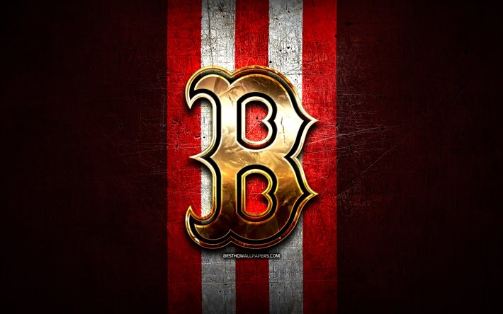 ボストンレッドソックスのエンブレム, 黄金のエンブレム, MLB, 赤い金属の背景, アメリカの野球チーム, 大リーグ, 野球。, ボストン・レッドソックス
