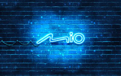 Mio blue logo, 4k, blue brickwall, Mio logo, brands, Mio neon logo, Mio