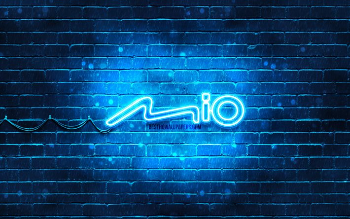 Logo bleu Mio, 4k, mur de briques bleu, logo Mio, marques, logo n&#233;on Mio, Mio