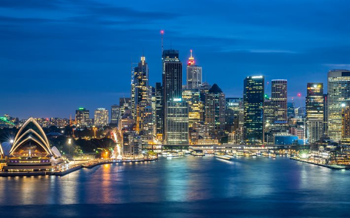 Sydney, evening, sunset, Port Jackson Bay, Sydney Opera House, Sydney panorama, Sydney cityscape, Citigroup Center, Deutsche Bank Place, Australia