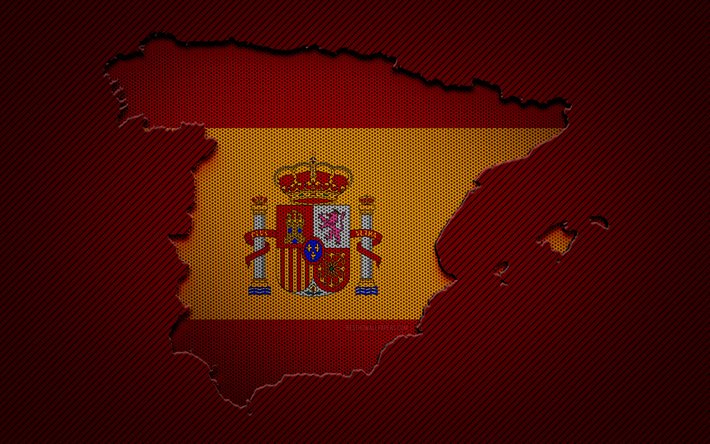 スペインの地図, 4k, ヨーロッパ諸国, スペイン国旗, 赤い炭素の背景, スペインの地図のシルエット, ヨーロッパ, スペイン, スペインの旗