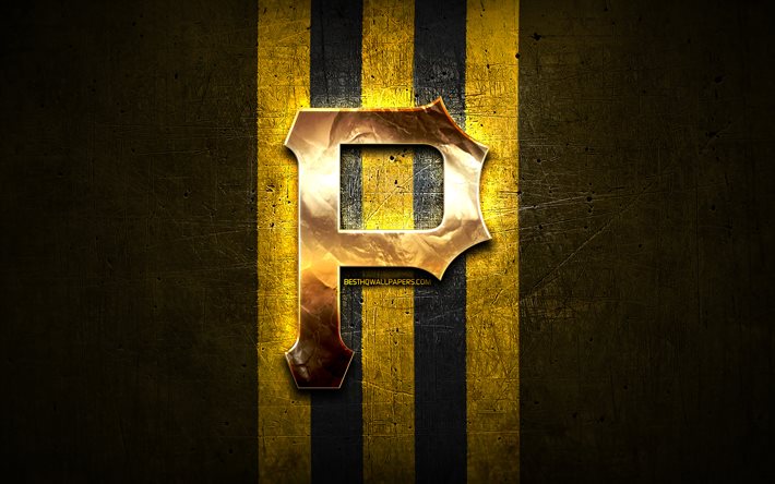 Pittsburgh Pirates emblem, MLB, golden emblem, yellow metal background, american baseball team, Major League Baseball, baseball, Pittsburgh Pirates