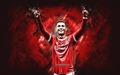 Cristiano Ronaldo, CR7, Portuguese footballer, Manchester United FC, red stone background, Ronaldo Manchester United, grunge art, football