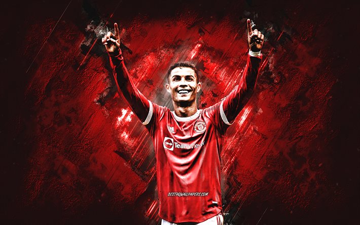 Cristiano Ronaldo, CR7, calciatore portoghese, Manchester United FC, pietra rossa, sfondo, Ronaldo Manchester United, grunge, calcio