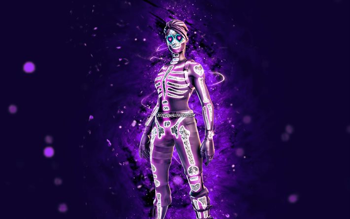 Sparkle Skull, 4k, violetit neonvalot, Fortnite Battle Royale, Fortnite-hahmot, Sparkle Skull Skin, Fortnite, Sparkle Skull Fortnite