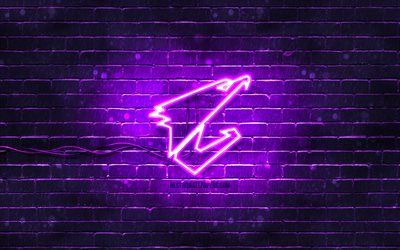 Aorus violet logo, 4k, violet brickwall, Aorus logo, brands, Aorus Gigabyte, Aorus neon logo, Aorus