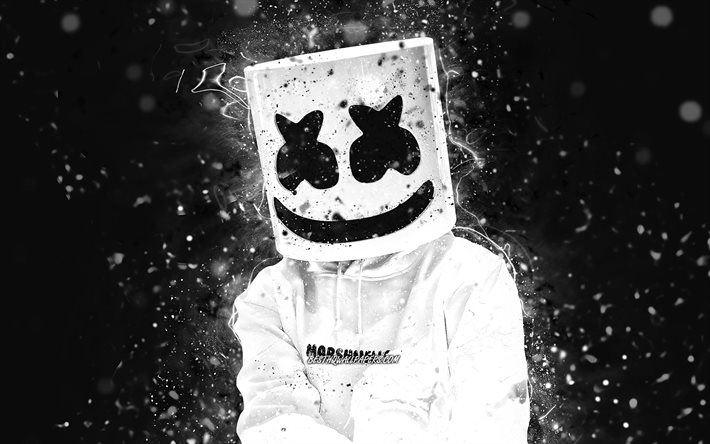 4k, DJ Marshmello, n&#233;ons blancs, Christopher Comstock, DJ am&#233;ricain, superstars, Marshmello 4K, stars de la musique, arri&#232;re-plans abstraits noirs, Marshmello, DJs