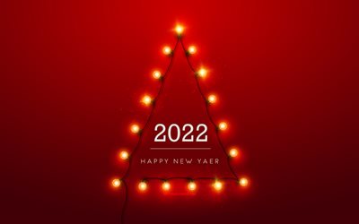 2022 neujahr, 4k, weihnachtsbaum aus gl&#252;hbirnen, 2022 roter hintergrund, frohes neues jahr 2022, 2022 konzepte, lampen, weihnachten 2022 hintergrund