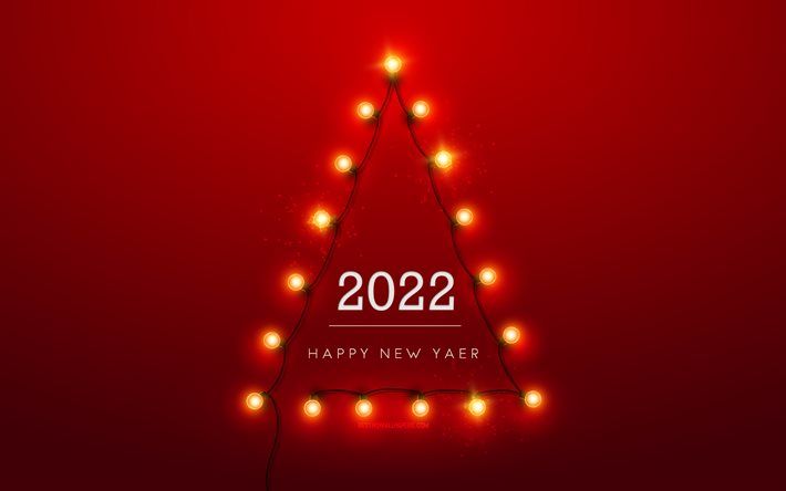 2022 New Year, 4k, Christmas tree made of bulbs, 2022 Red background, Happy New Year 2022, 2022 concepts, lamps, Christmas 2022 background