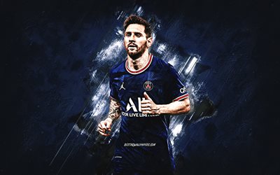 Lionel Messi, PSG, portrait, blue stone background, Paris Saint-Germain, Messi PSG, grunge art, Ligue 1, France, football
