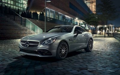 A Mercedes-Benz SLC, 2017, novo SLC, silver Mercedes, noite, rua