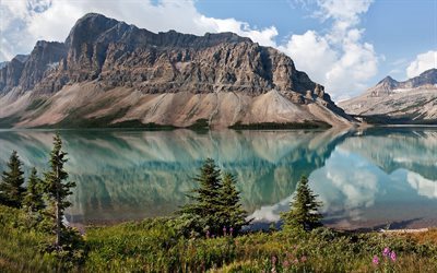 Bow Lake, summer, mountains, reflection, Banff National Park, Alberta, Canada