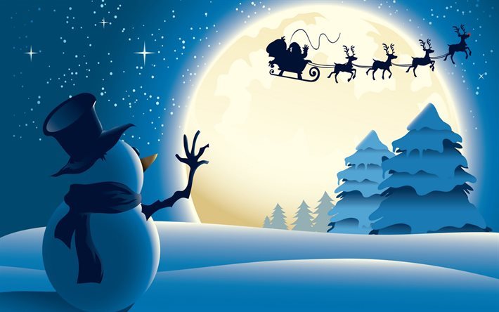 night, snowman, winter, christmas, snow, reindeer, Santa Claus
