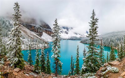 Moraine Lake, winter, fog, mountains, blue lake, Alberta, forest, Banff National Park, Canada