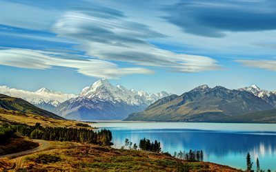 Lago Wakatipu, cielo, rocce, foreste, glacier, Nuova Zelanda