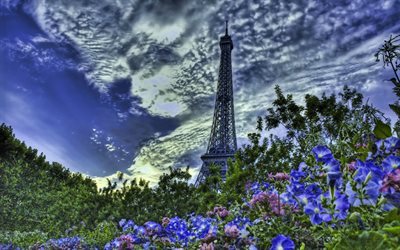 Eiffel Tower, sky, clouds, violet flowers, HDR, Paris, France
