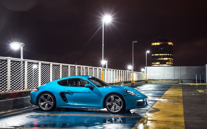 Porsche Cayman S, supercars, 4K, de nuit, parking, bleu Cayman