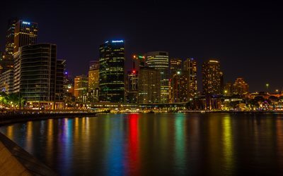 Austr&#225;lia, arranha-c&#233;us, reflex&#227;o, noite, Sydney
