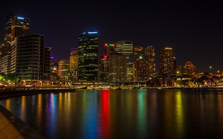 Austr&#225;lia, arranha-c&#233;us, reflex&#227;o, noite, Sydney