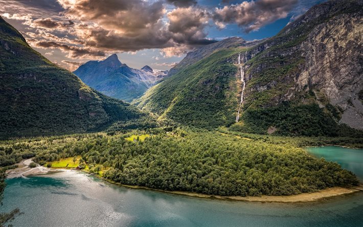 mountain valley, lake, waterfall, mountains, rocks, Norway, Vikane, Sogn og Fjordane