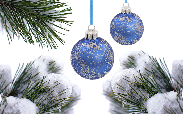 blue christmas balls, snow, winter, new year, christmas