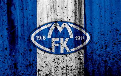4k, FC Molde, grunge, Eliteserien, art, soccer, football club, Norway, Molde, logo, stone texture, Molde FC