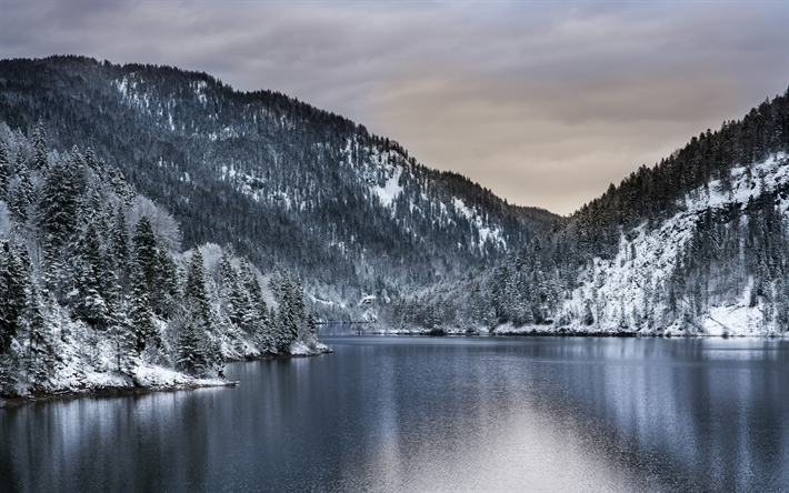 winter landscape, mountain lake, snow, forest, mountains, winter