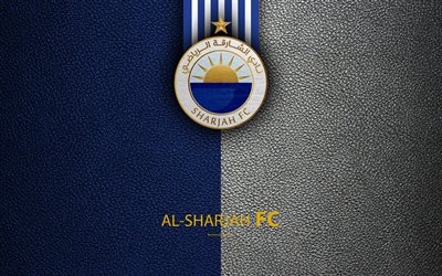 Al-Sharjah FC, 4k, logo, clube de futebol, textura de couro, Liga dos EMIRADOS &#225;rabes, Sharjah, Emirados &#193;rabes Unidos, futebol, Golfo P&#233;rsico League, Al-Sharjah SCC