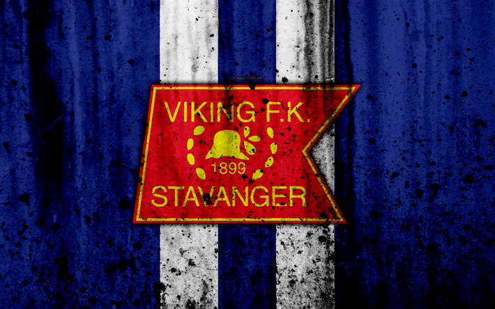 4k, FCバイキング, グランジ, Eliteserien, 美術, サッカー, サッカークラブ, ノルウェー, バイキング, ロゴ, 石質感