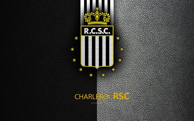 RSC Charleroi, 4K, Belgian Football Club, logo, emblem, Jupiler Pro League, leather texture, Charleroi, Belgium, Belgian First Division A, football, Charleroi FC