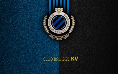 Club Brugge KV, 4K, Belgian Football Club, Brugge FC, logo, emblem, Jupiler Pro League, leather texture, Bruges, Belgium, Belgian First Division A, football