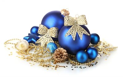Decoraci&#243;n de la navidad, A&#241;o Nuevo, conos, azul bolas de Navidad, Feliz Navidad