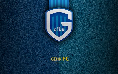 KRC Genk, 4K, Belgian Football Club, Genk FC, logo, emblem, Jupiler Pro League, leather texture, Genk, Belgium, Belgian First Division A, football
