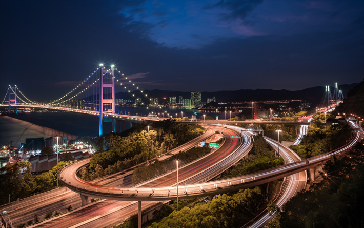 Tsing Ma الجسر, هونغ كونغ, أضواء المدينة, ليلة, تقاطع الطريق, العمارة الحديثة, Ma Wan قناة, الصين