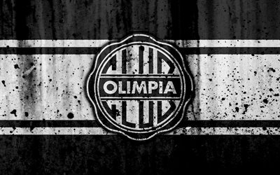 4k, FC Olimpia Asuncion, grunge, Paraguayan Primera Division, soccer, football club, Paraguay, Olimpia Asuncion, art, logo, stone texture, Olimpia Asuncion FC