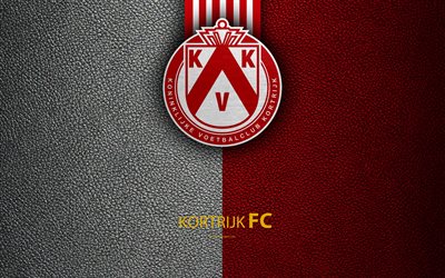 KV Kortrijk FC, 4K, Belgian Football Club, logo, Jupiler Pro League, leather texture, Kortrijk, Belgium, Belgian First Division A, football