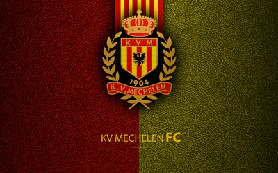 KV Mechelen FC, 4k, Belgian Football Club, logo, Jupiler Pro League, leather texture, Mechelen, Belgium, Belgian First Division A, football