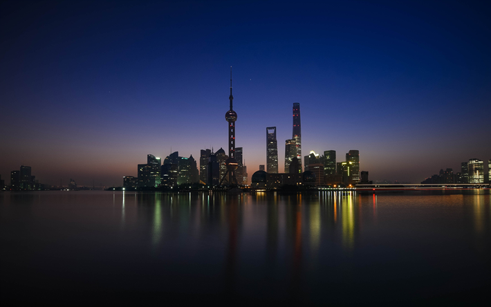huangpu-fluss, nachtaufnahmen, wolkenkratzer, shanghai, china, asien