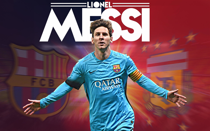 Lionel Messi, Arjantinli futbolcu, 4k, FC Barcelona, İspanya, UEFA, mavi T-shirt, Catalonia